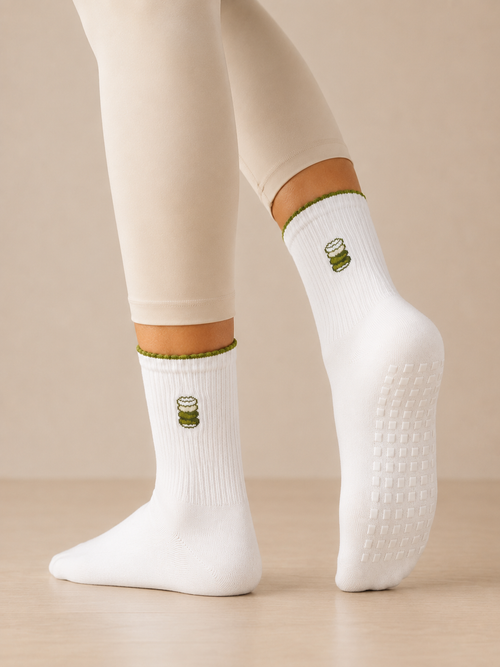 Matcha Love grip socks — worn